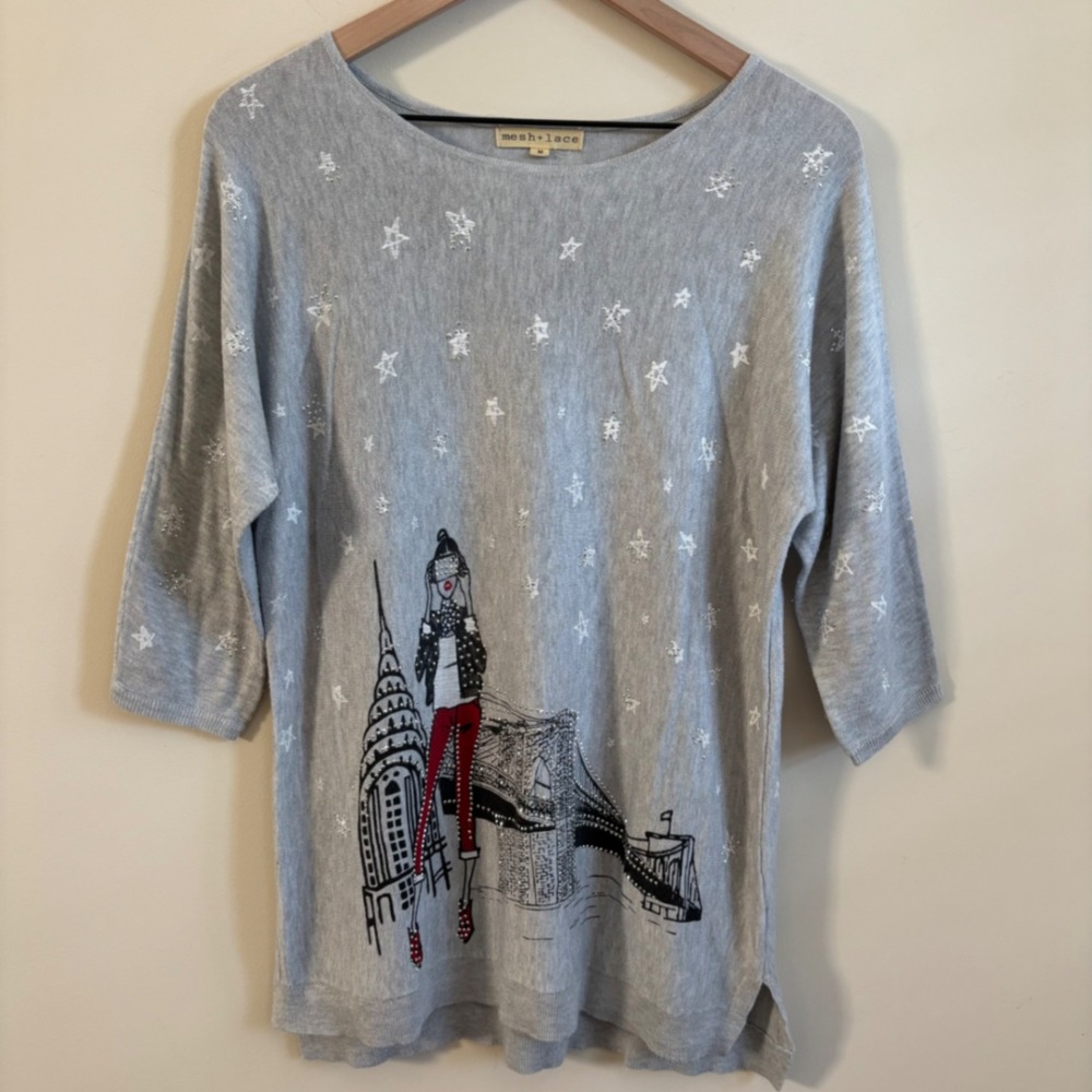 Mesh + Lace Grey NYC Star Graphic Rhinestone Sweater 3/4 Sleeve Medium